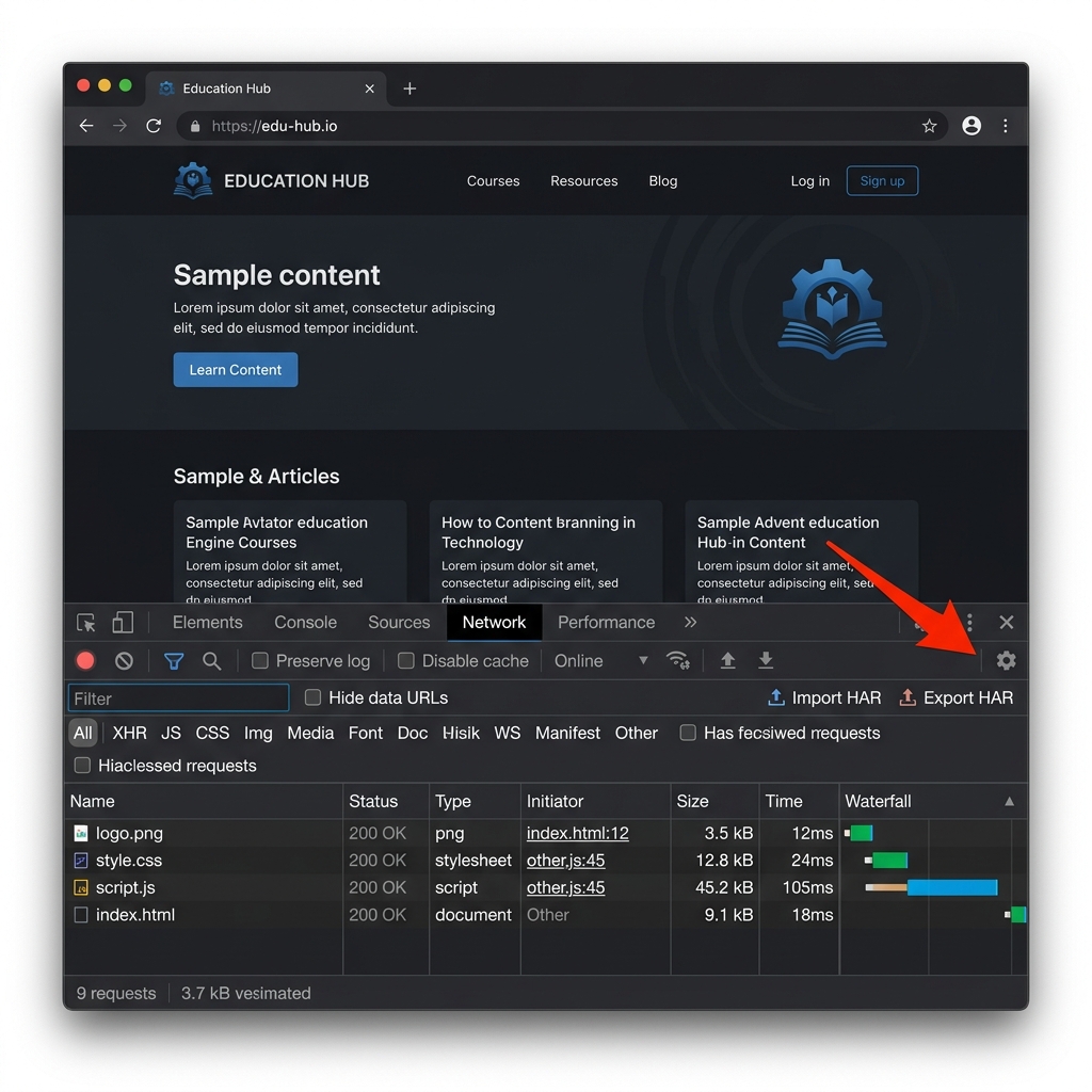 Chrome DevTools Network tab showing marketing tag requests with the HAR export button highlighted